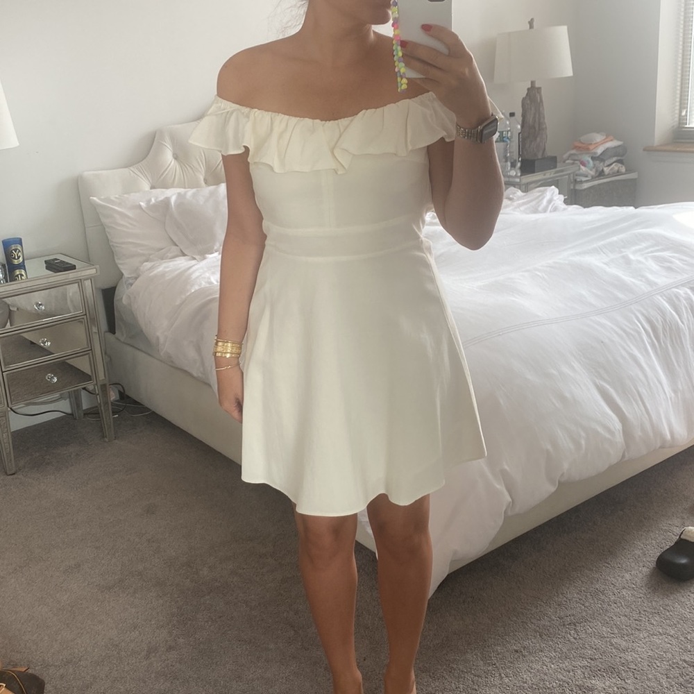 Linen blend off the shoulder mini dress